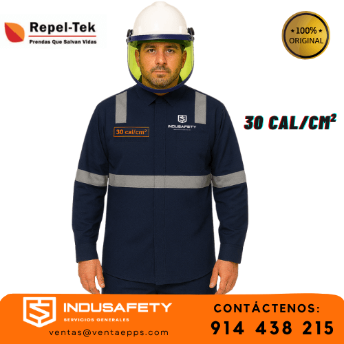 camisa ignífuga 30 cal con cintas reflectivas para electricistas-ropa ignífuga con tejido inherente repeltek 30 cal-camisa arco eléctrico nivel 3 alta visibilidad azul marino
