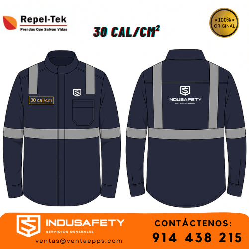 camisa ignífuga 30 cal con cintas reflectivas para electricistas-ropa ignífuga con tejido inherente repeltek 30 cal-camisa arco eléctrico nivel 3 alta visibilidad azul marino